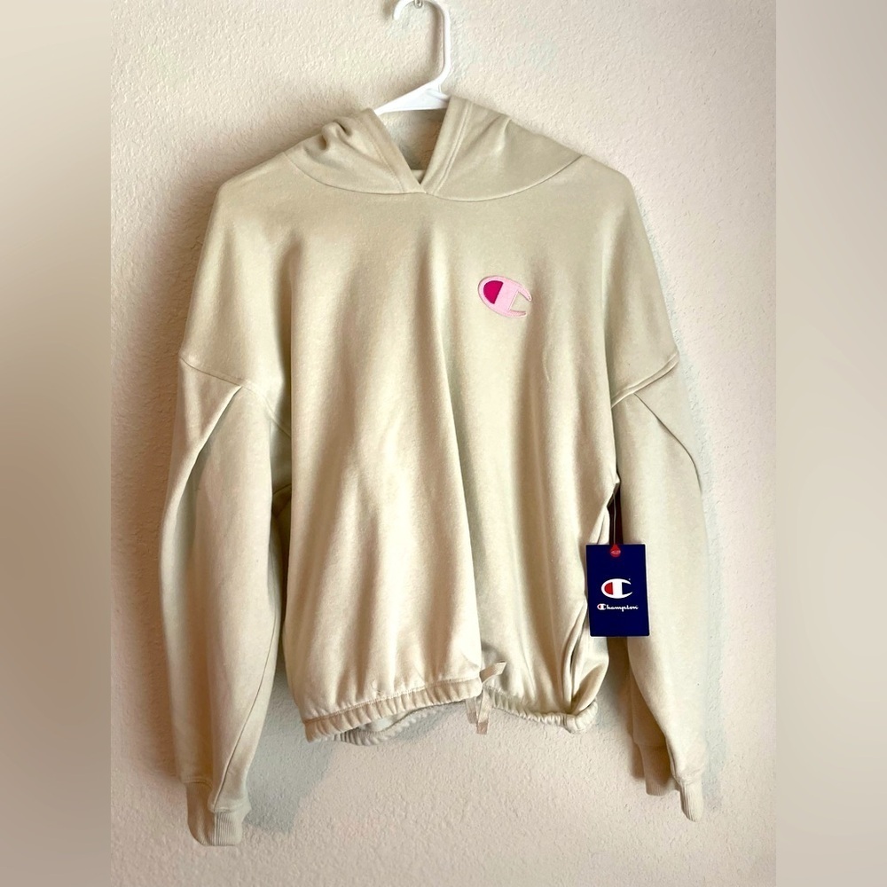 Champion Cream Hoodie with Pink Logo warm and cozy size XL-NWT